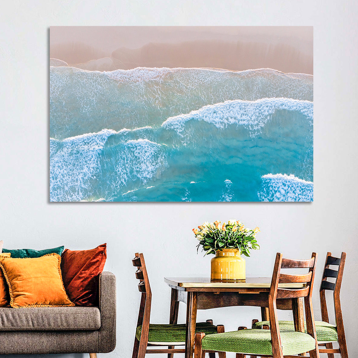 Turquoise Shoreline Aerial View Wall Art in a room, landscape