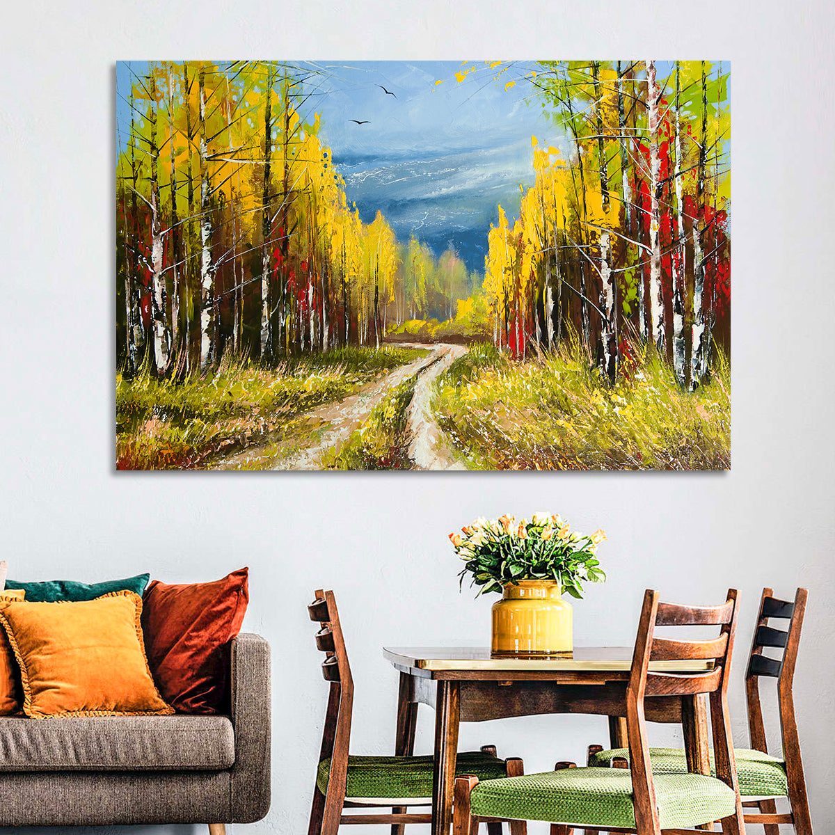 Autumn Birch Path with Two Birds Wall Art in a room, landscape