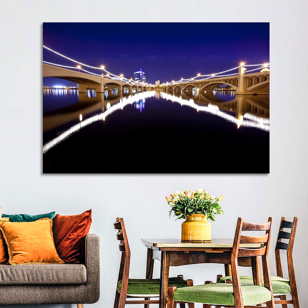 Mill Avenue Bridge Night Reflections Wall Art in a room, landscape
