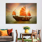 Red Sailed Junk at Victoria Harbour Wall Art