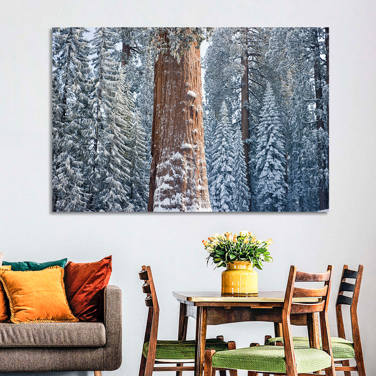 Winter Giant Sequoia in Snowy Forest Wall Art in a room, landscape