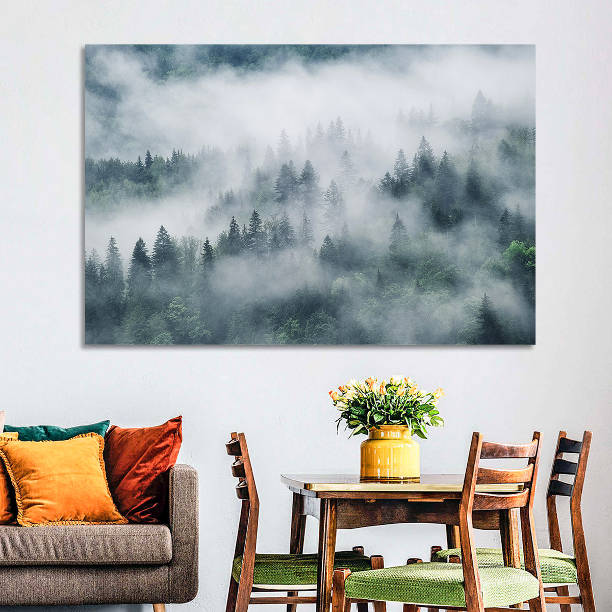 Misty Mountain Forest Wall Art in a room, landscape