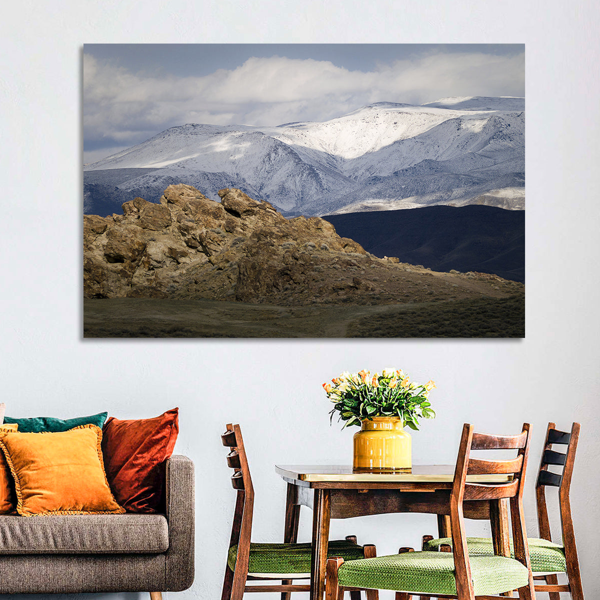 Wonderstone Snow-dusted Mountains Wall Art in a room, landscape