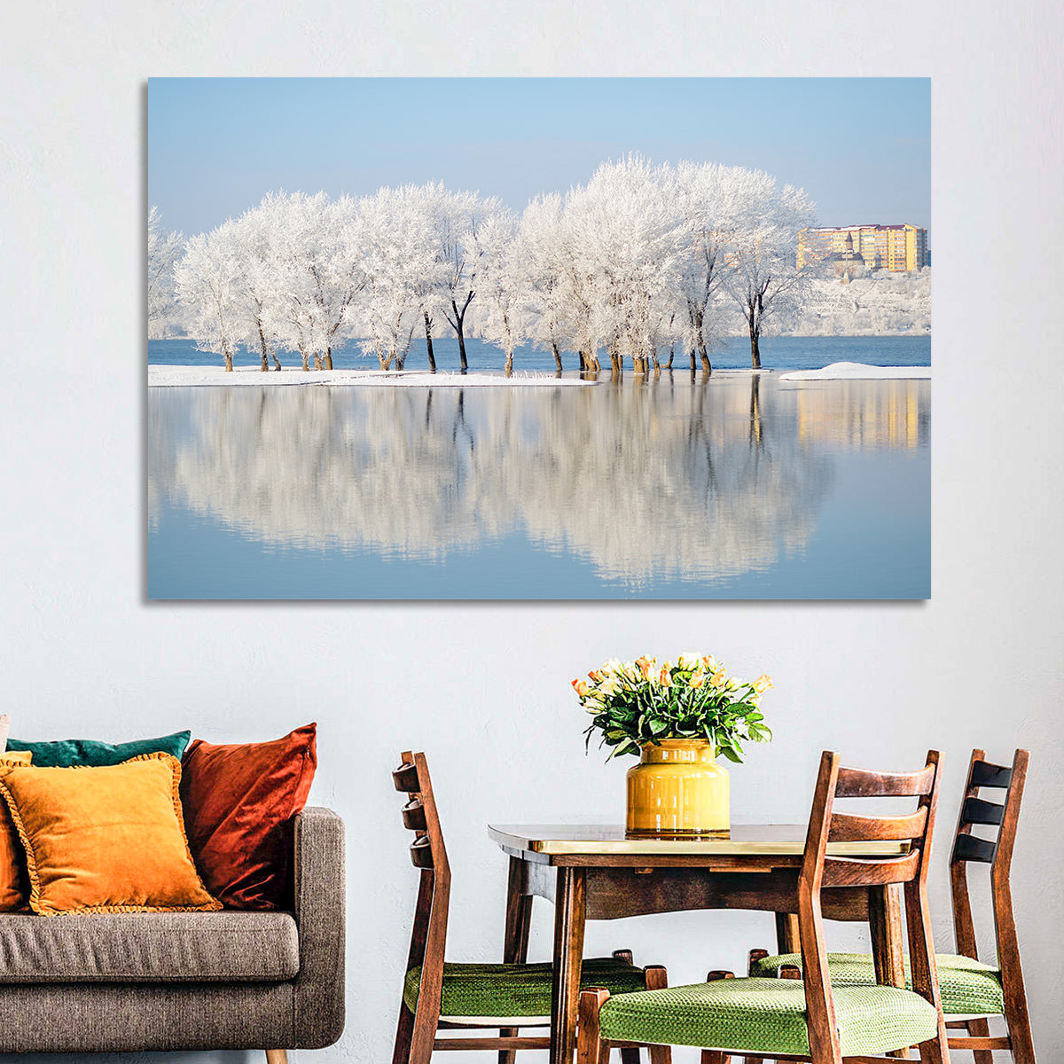 Winter Lake Reflection Wall Art in a room, landscape