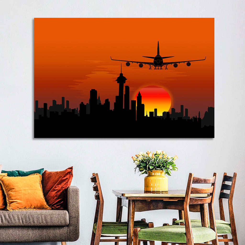 Approaching Jet Over Sunset Skyline Wall Art