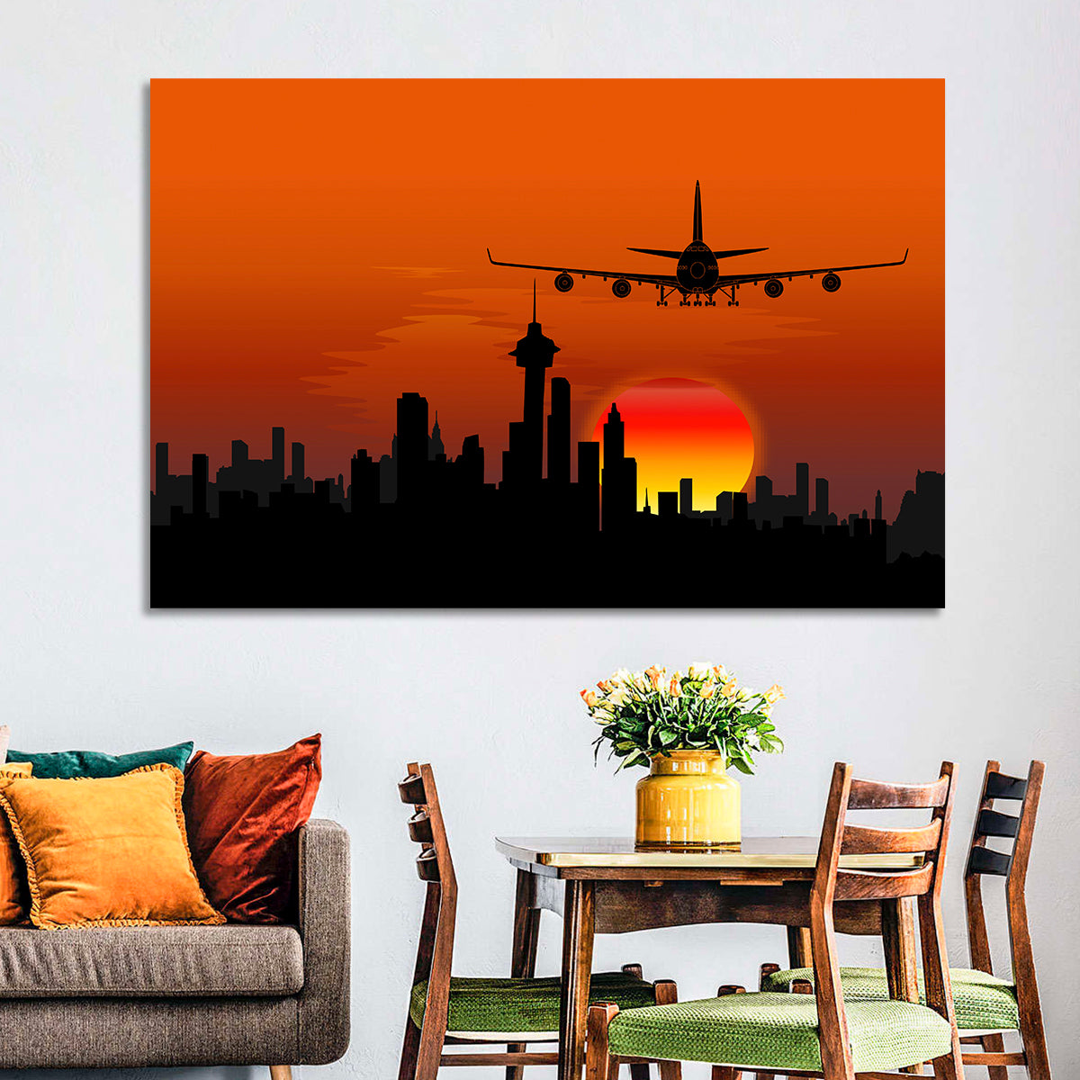 Approaching Jet Over Sunset Skyline Wall Art in a room, landscape