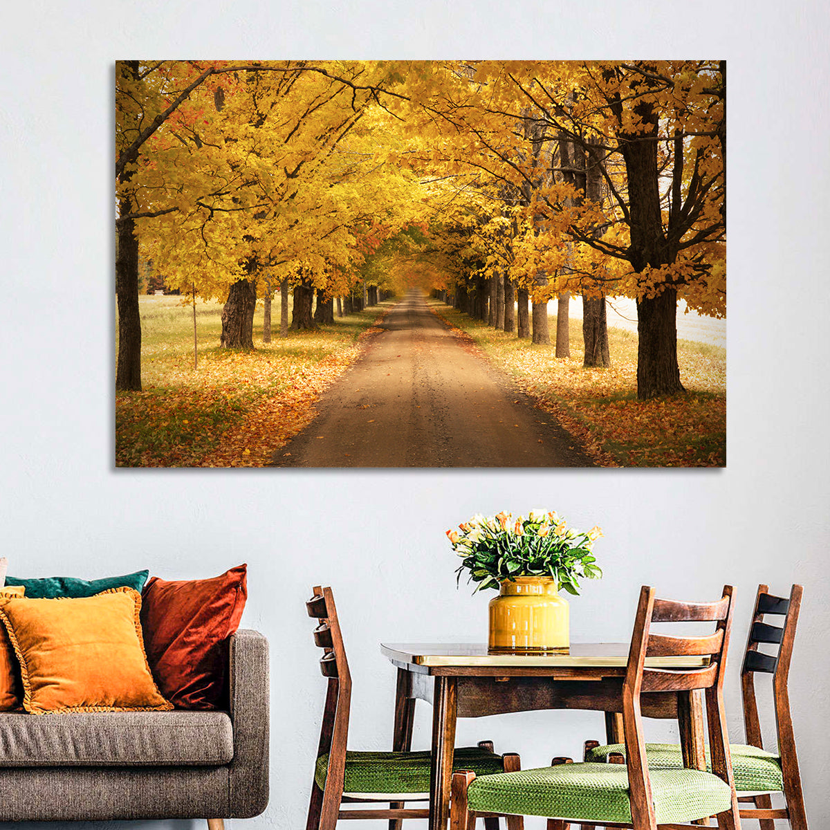 Golden Autumn Road Wall Art in a room, landscape