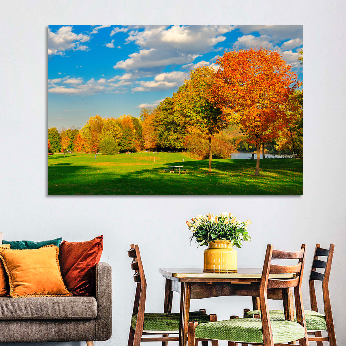 Autumn Trees and Lakeside Lawn Wall Art in a room, landscape