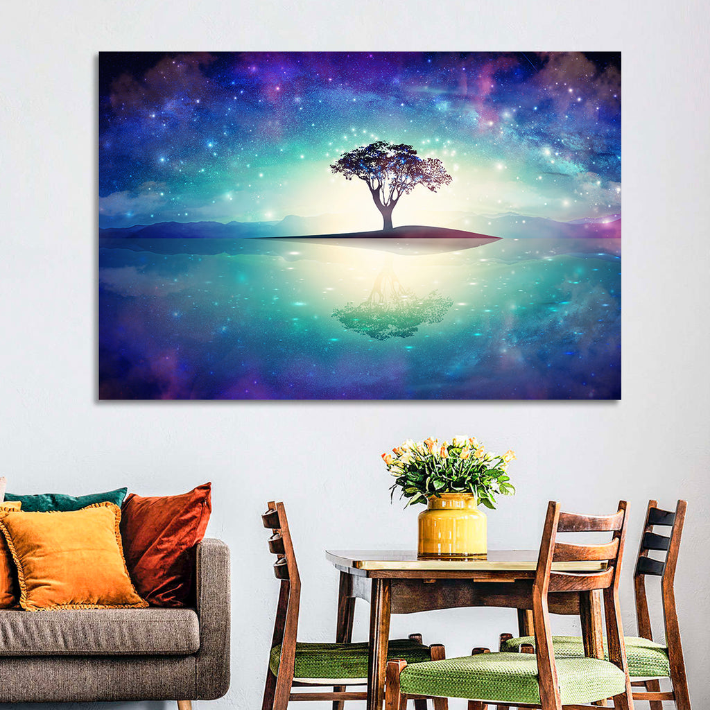 Glowing Island Tree Under Starry Nebula Wall Art