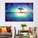 Glowing Island Tree Under Starry Nebula Wall Art