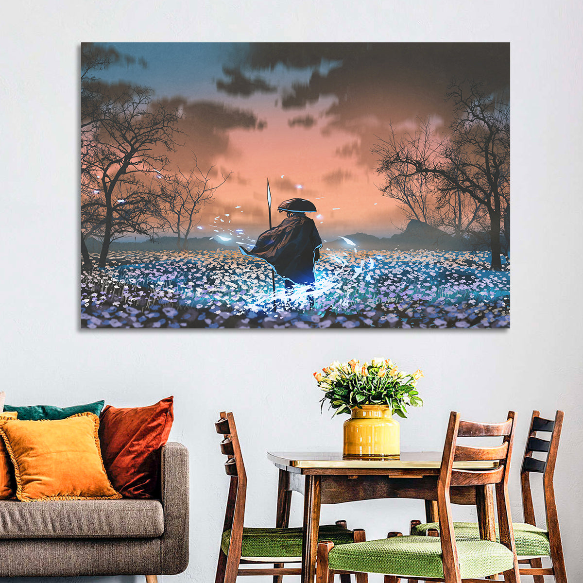Straw Hat Samurai at Dusk Wall Art in a room, landscape