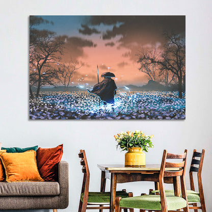 Straw Hat Samurai at Dusk Wall Art