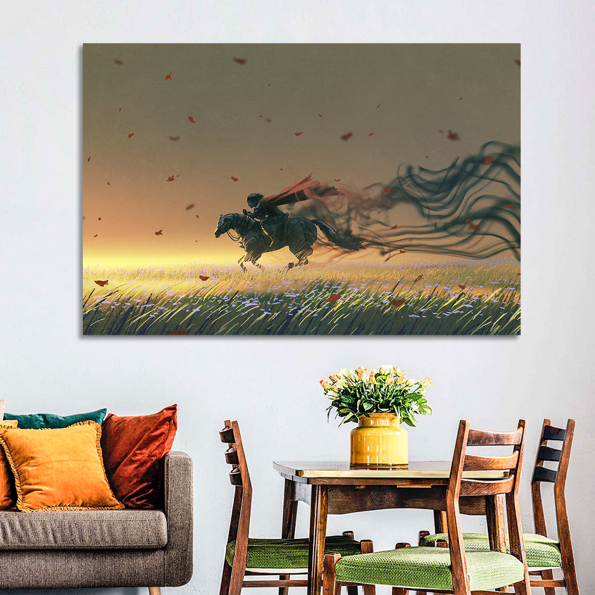 Unstoppable Knight with Red Cape Wall Art in a room, landscape