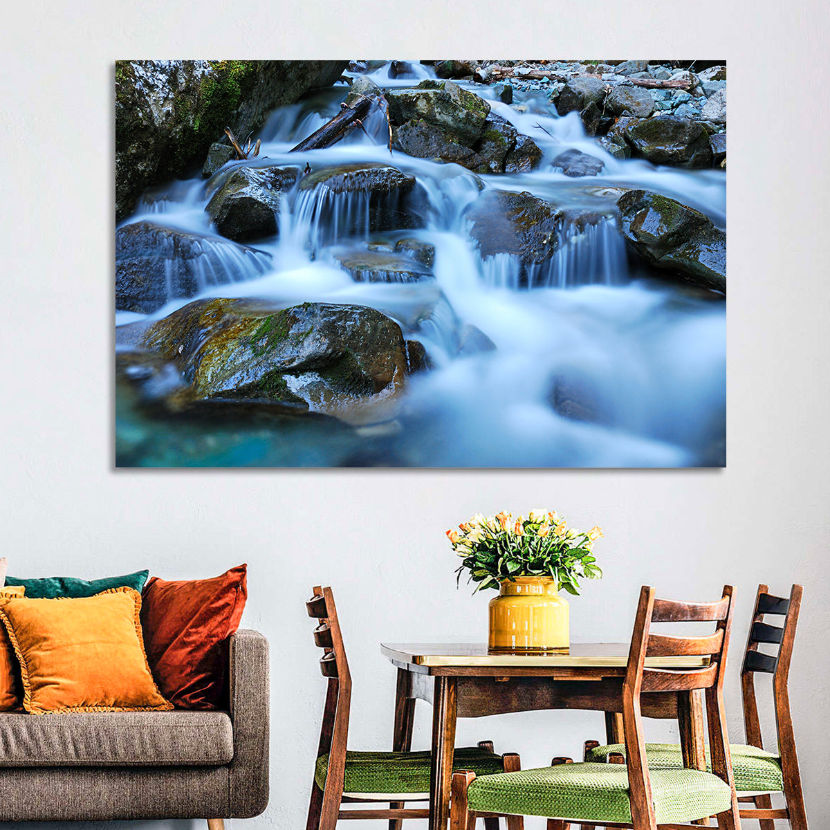 Mossy Rock Stream with Silky Waterfall Wall Art in a room, landscape