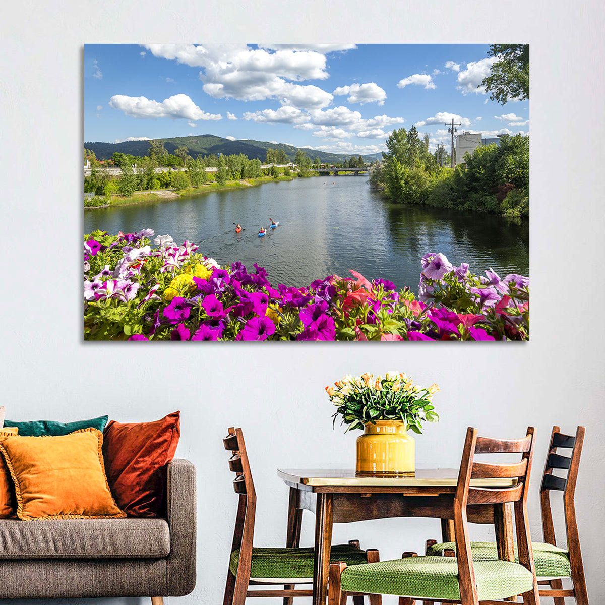 Sand Creek River with Petunias Wall Art in a room, landscape