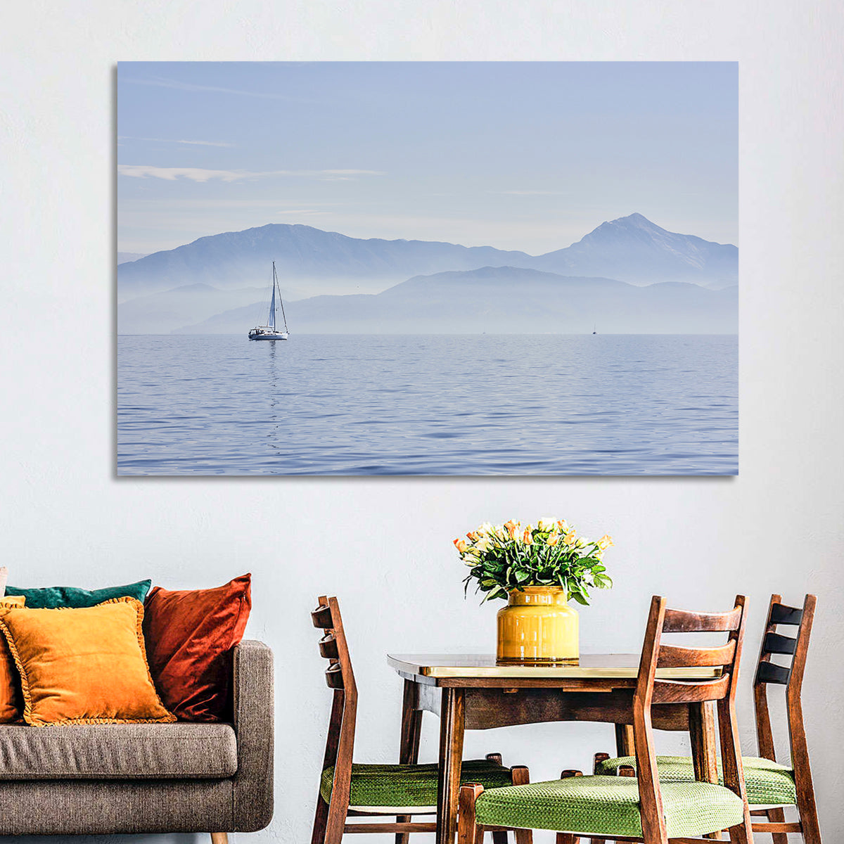 Sailboat and Misty Mountains Wall Art in a room, landscape