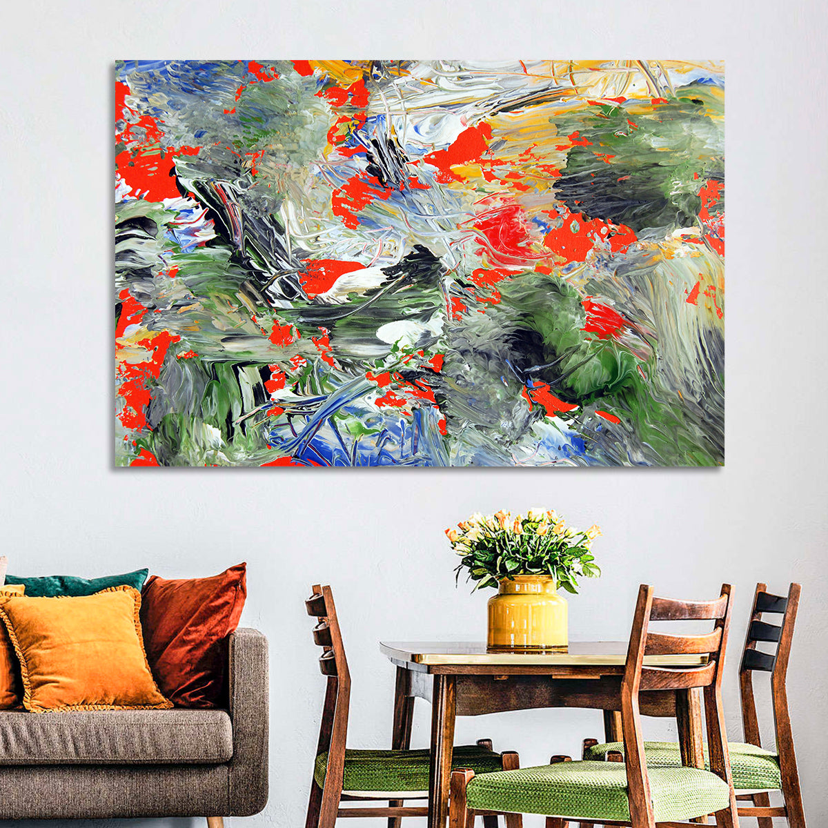Melting Green Impasto Abstract Wall Art in a room, landscape