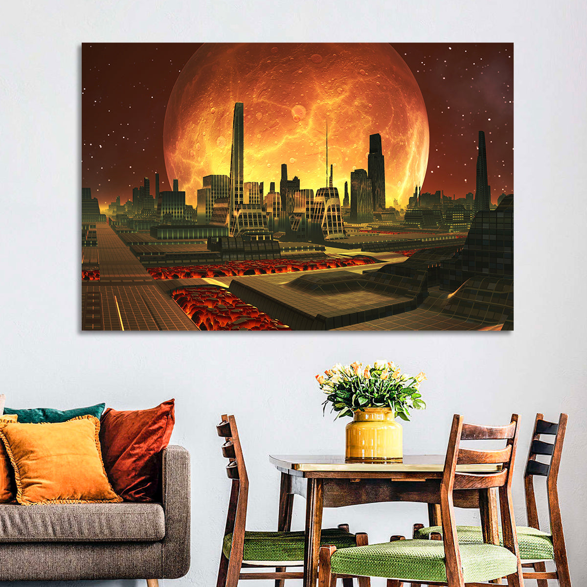 Molten Lunar Cityscape Wall Art in a room, landscape