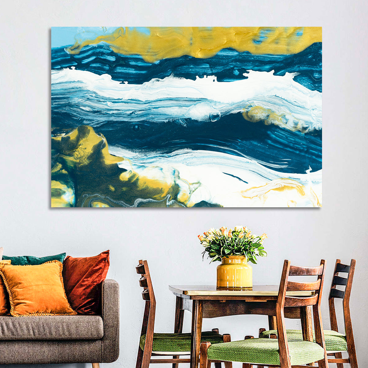 Flowing Streams with Gold Accents Wall Art in a room, landscape