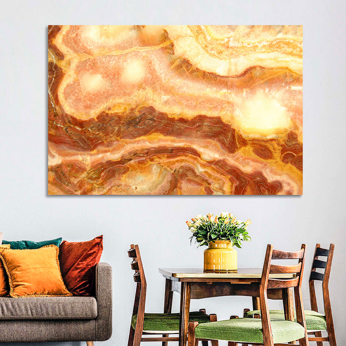 Golden Agate Stone Abstract Wall Art in a room, landscape