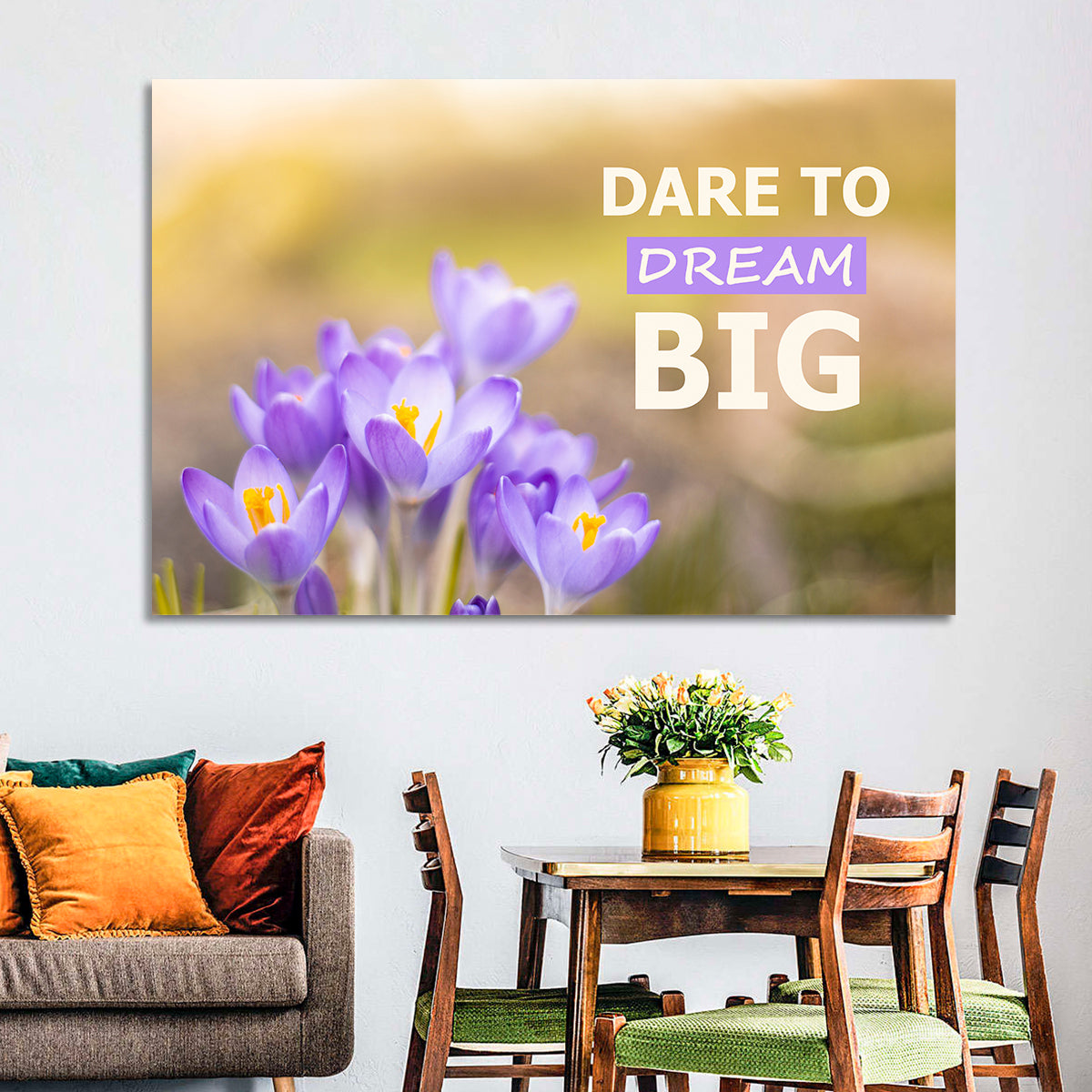 Dare to Dream Big, Purple Crocus Wall Art in a room, landscape