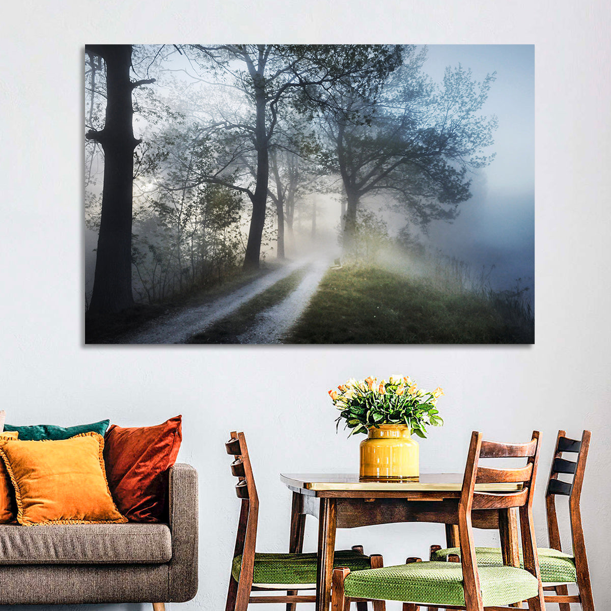 Foggy Forest Path Wall Art in a room, landscape