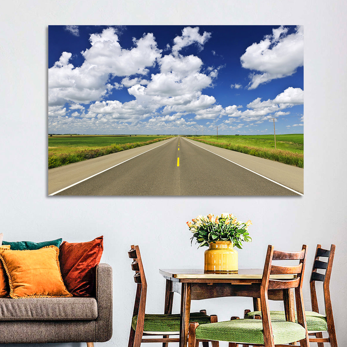 Saskatchewan Prairie Highway Wall Art in a room, landscape