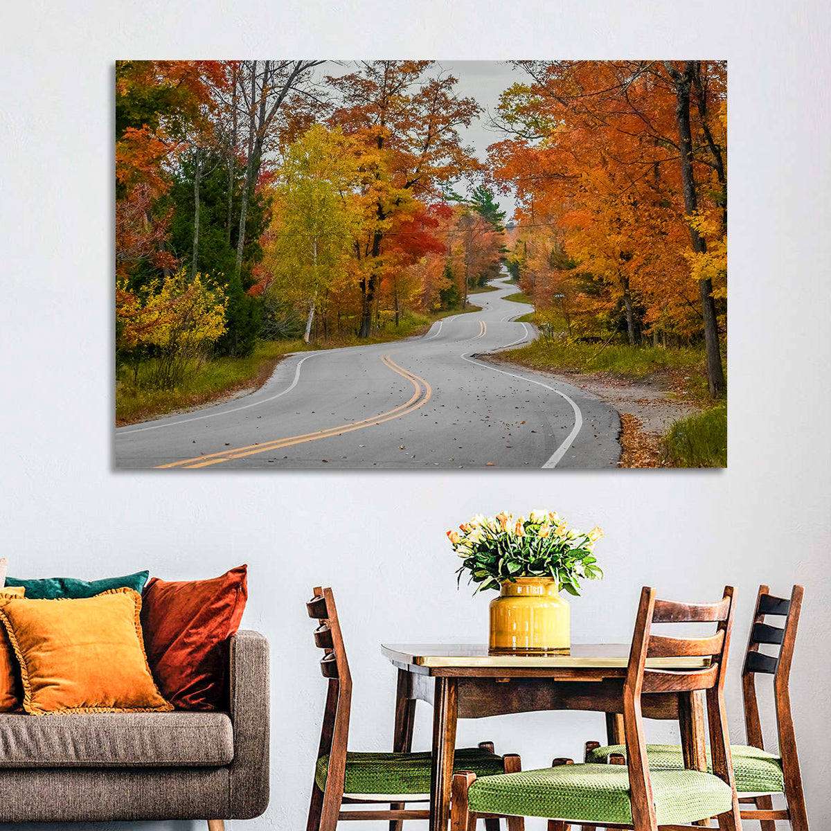 Winding Autumn Highway Wall Art in a room, landscape