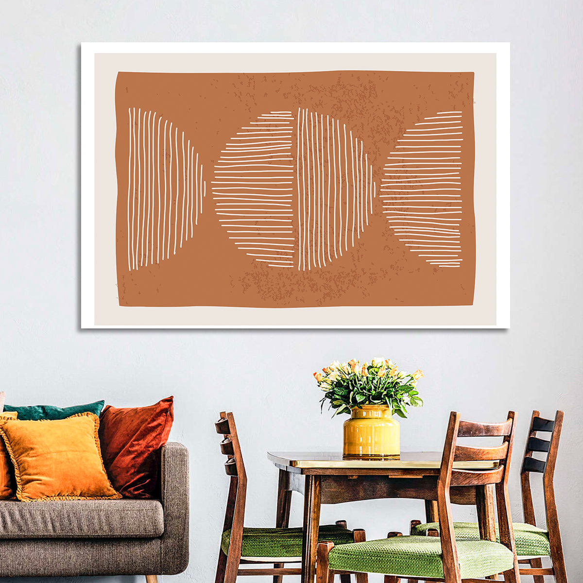 Terracotta Timelapse Circles Wall Art in a room, landscape