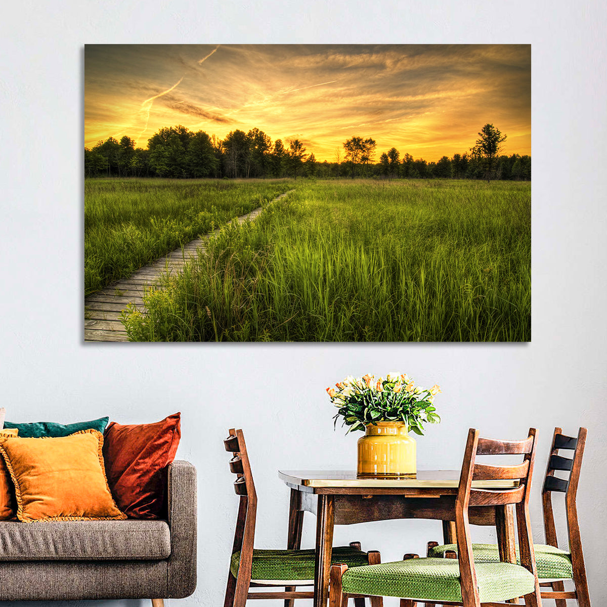 Irwin Prairie Boardwalk Sunset Wall Art in a room, landscape