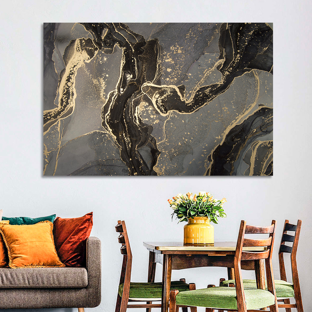 Black and Gold Marbled Abstract Wall Art in a room, landscape