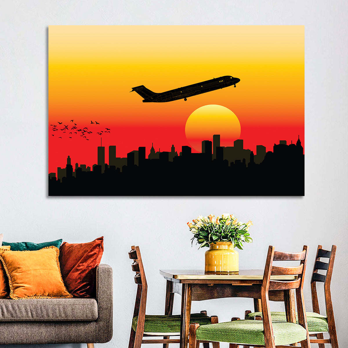 Airplane Over Sunset Skyline Wall Art in a room, landscape