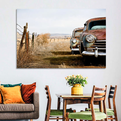 Abandoned Rusty Vintage Cars Behind Barbed Wire Wall Art