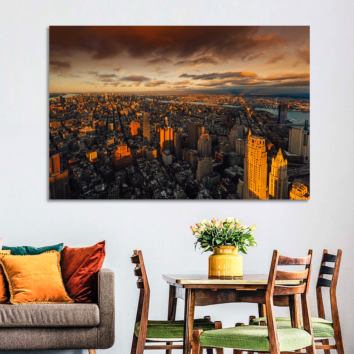 South Manhattan Sunset Skyline Wall Art in a room, landscape