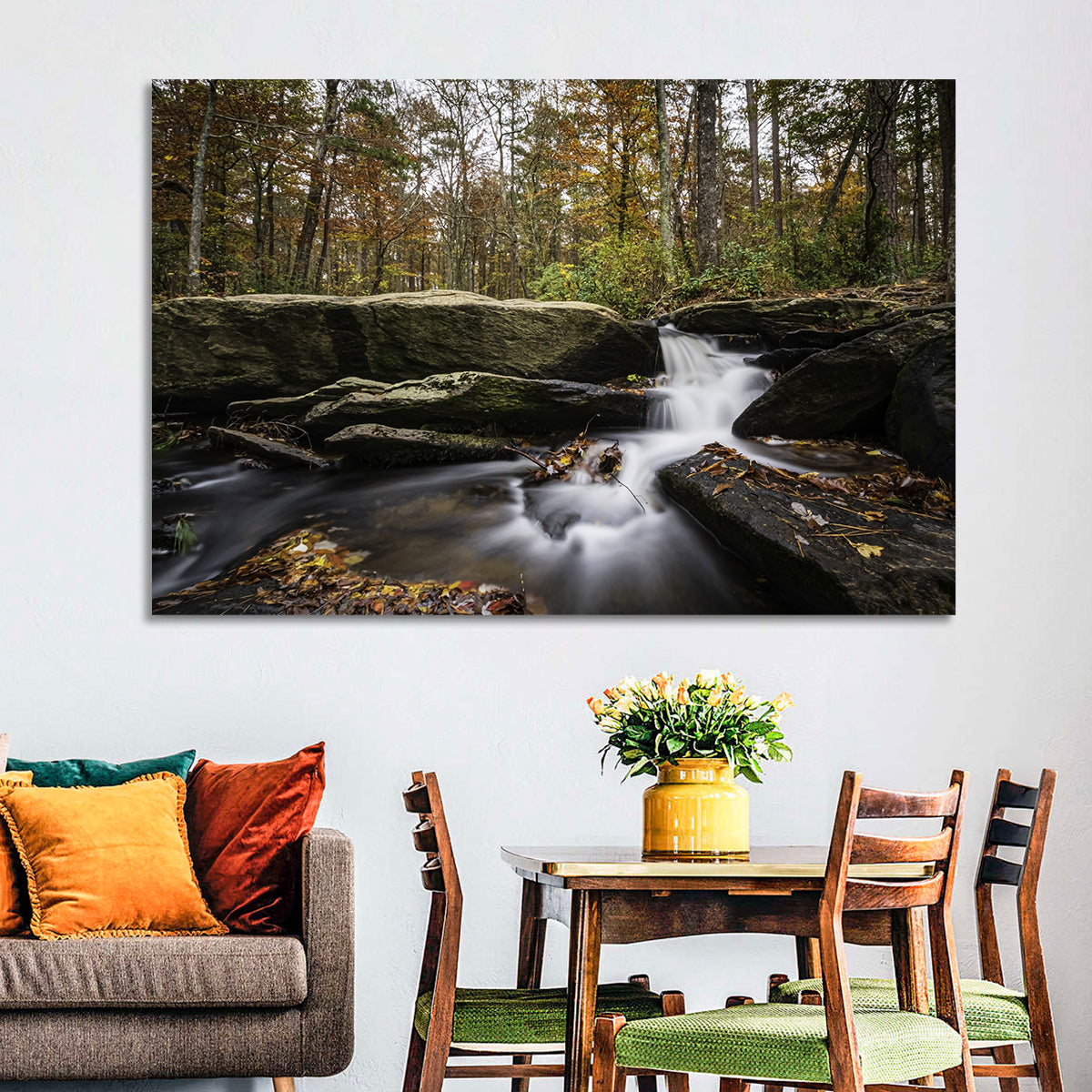 Cheaha Falls Autumn Waterfall Wall Art in a room, landscape