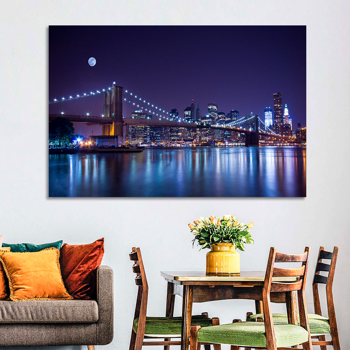 Brooklyn Bridge Moonlit Reflections Wall Art in a room, landscape