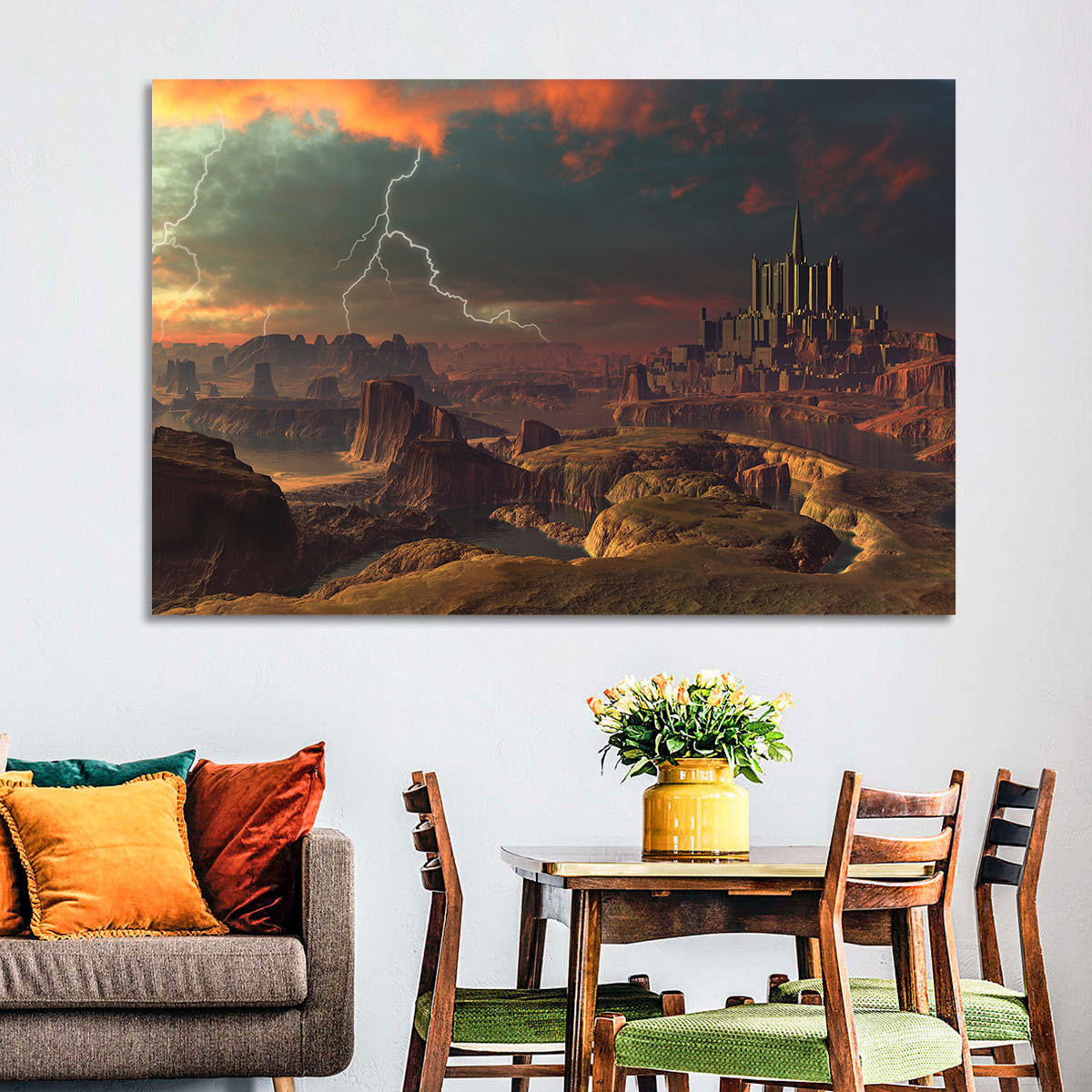 Dusk Storm Over Alien Fortress Wall Art in a room, landscape
