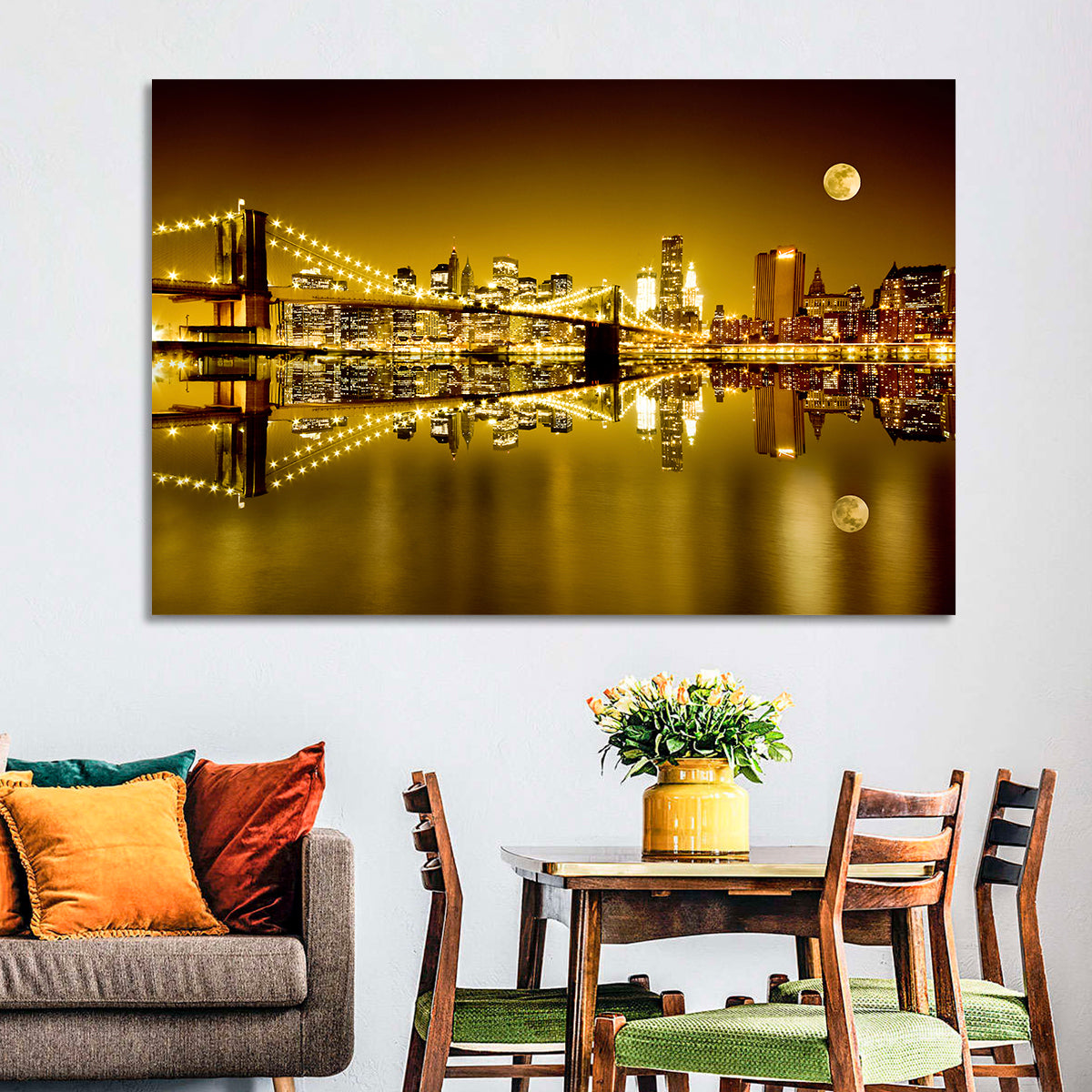 Brooklyn Bridge Moonlit Reflection Wall Art in a room, landscape