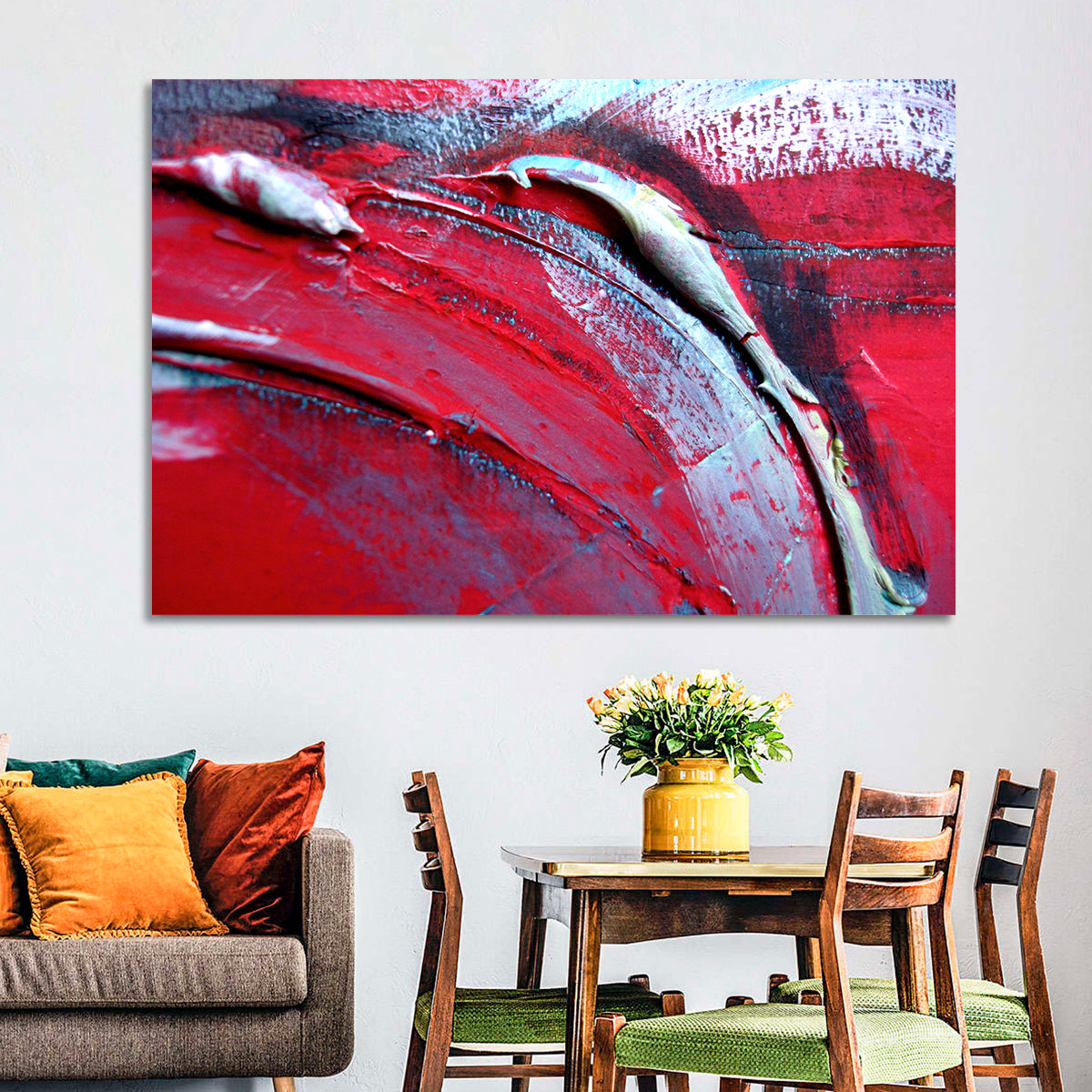 Crimson Impasto Motion Wall Art in a room, landscape