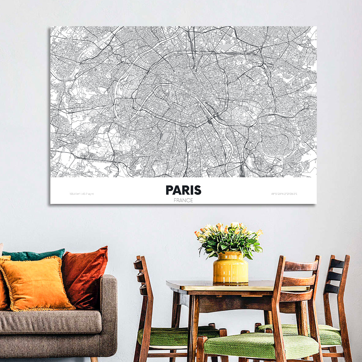 Paris Aerial Map Wall Art in a room, landscape