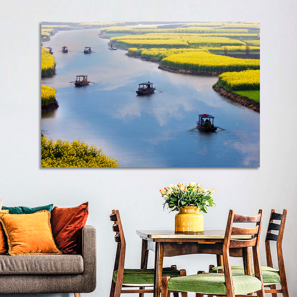 Spring River Rowboats in Rapeseed Fields Wall Art in a room, landscape