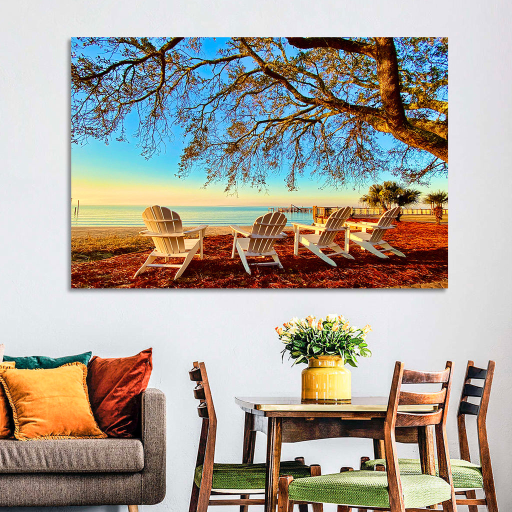 Mobile Bay Adirondack Chairs at Sunrise Wall Art