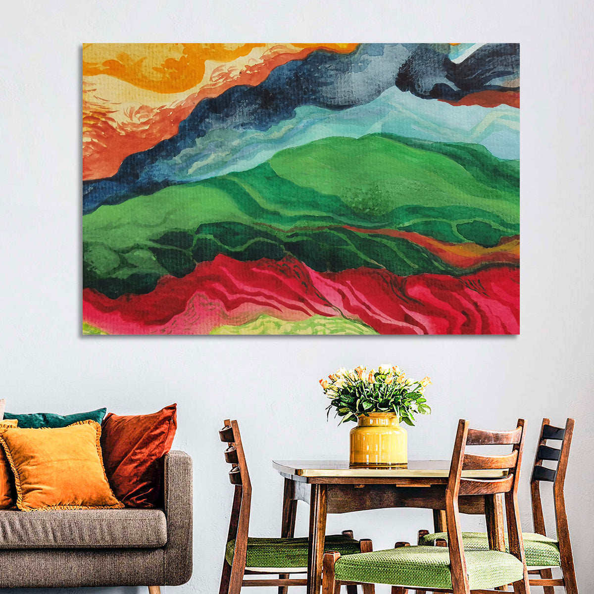 River Through Abstract Mountains Wall Art in a room, landscape