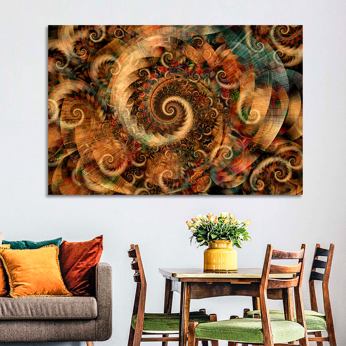 Golden Spiral Fractal Wall Art in a room, landscape