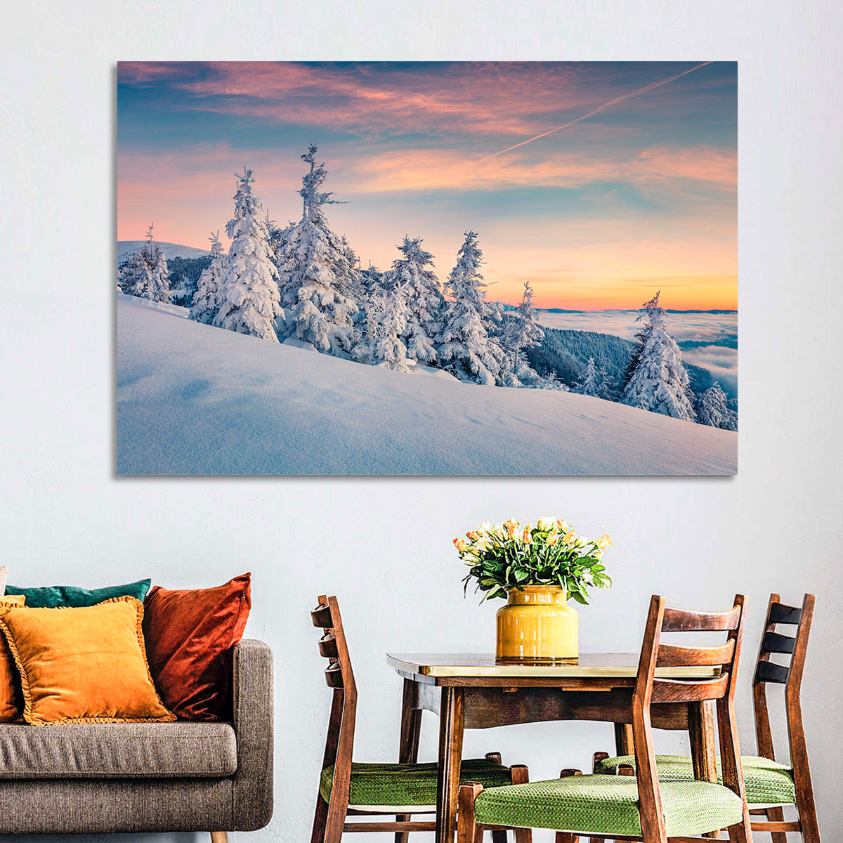 Snowy Carpathian Sunset Wall Art in a room, landscape