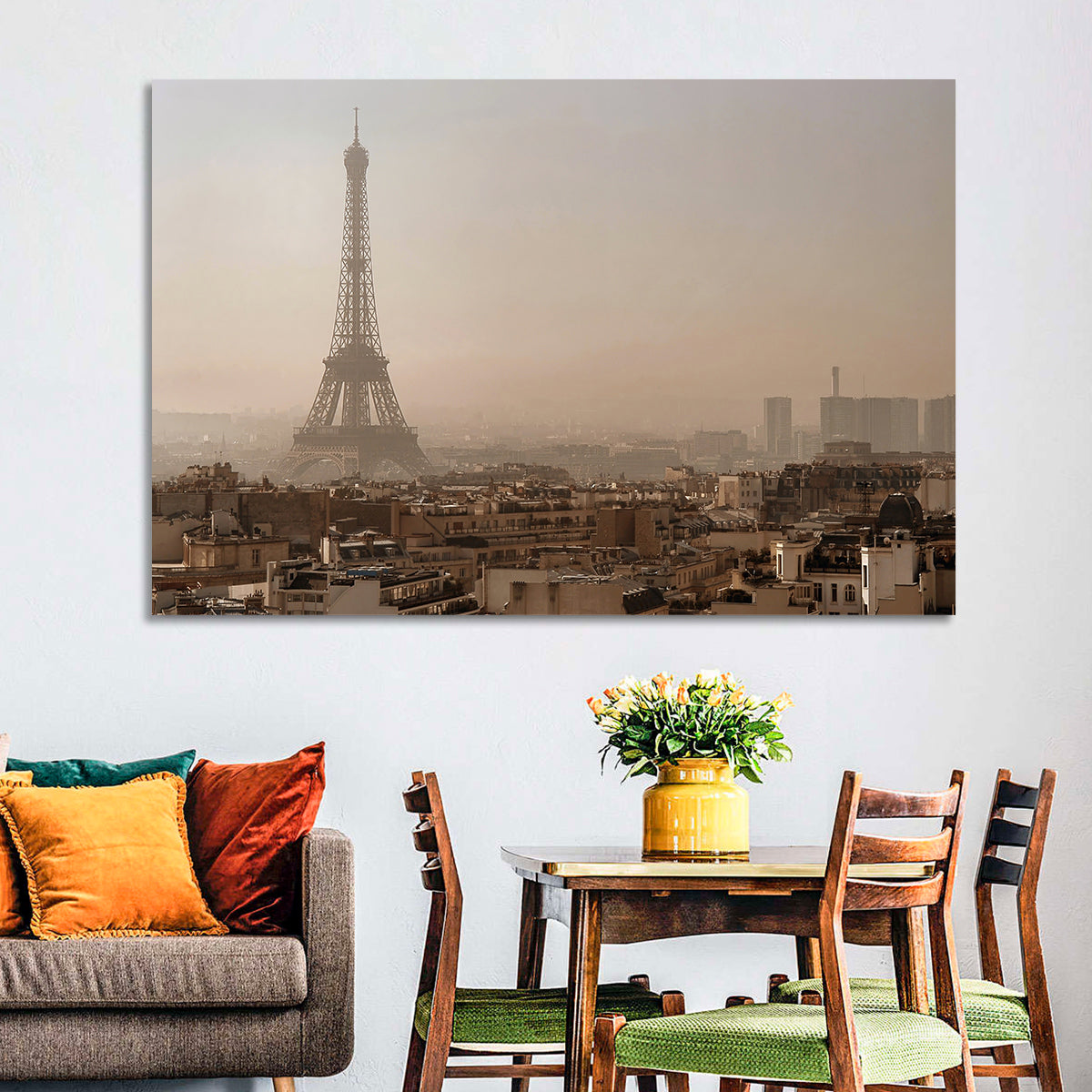 Eiffel Tower Over Paris Rooftops Wall Art in a room, landscape