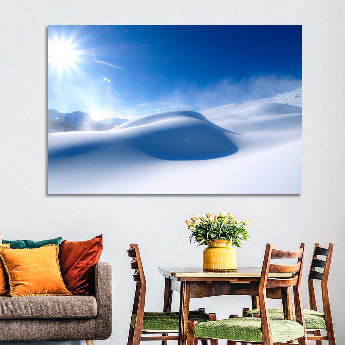 Sunlit Snow Dune Under Blue Sky Wall Art in a room, landscape