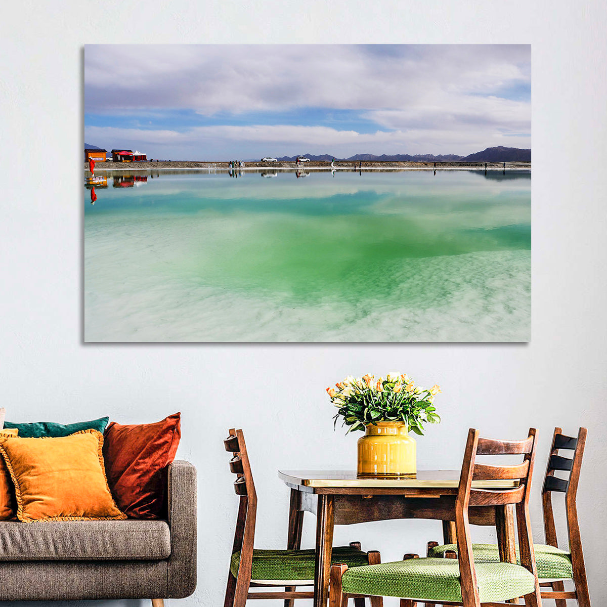 Emerald Salt Lake Wall Art in a room, landscape