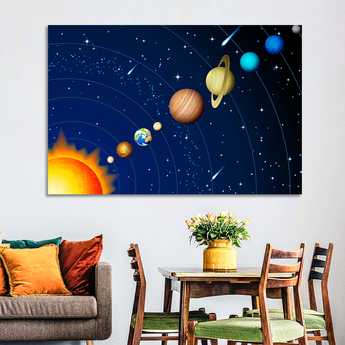 Diagonal Solar System Illustration Wall Art in a room, landscape
