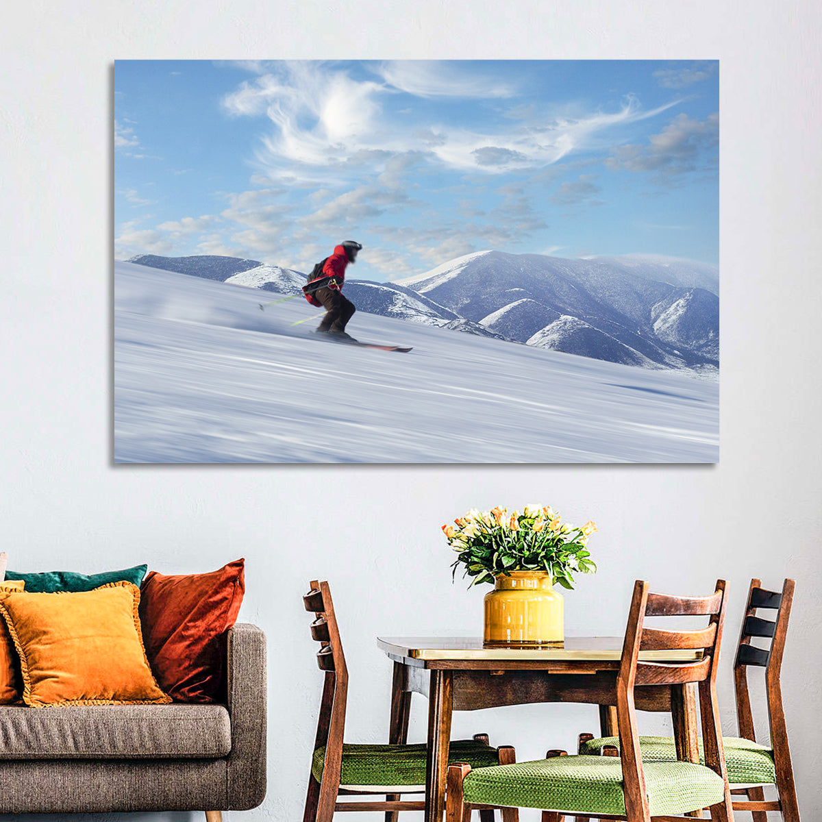 Skier on Snowy Mountain Slope Wall Art in a room, landscape
